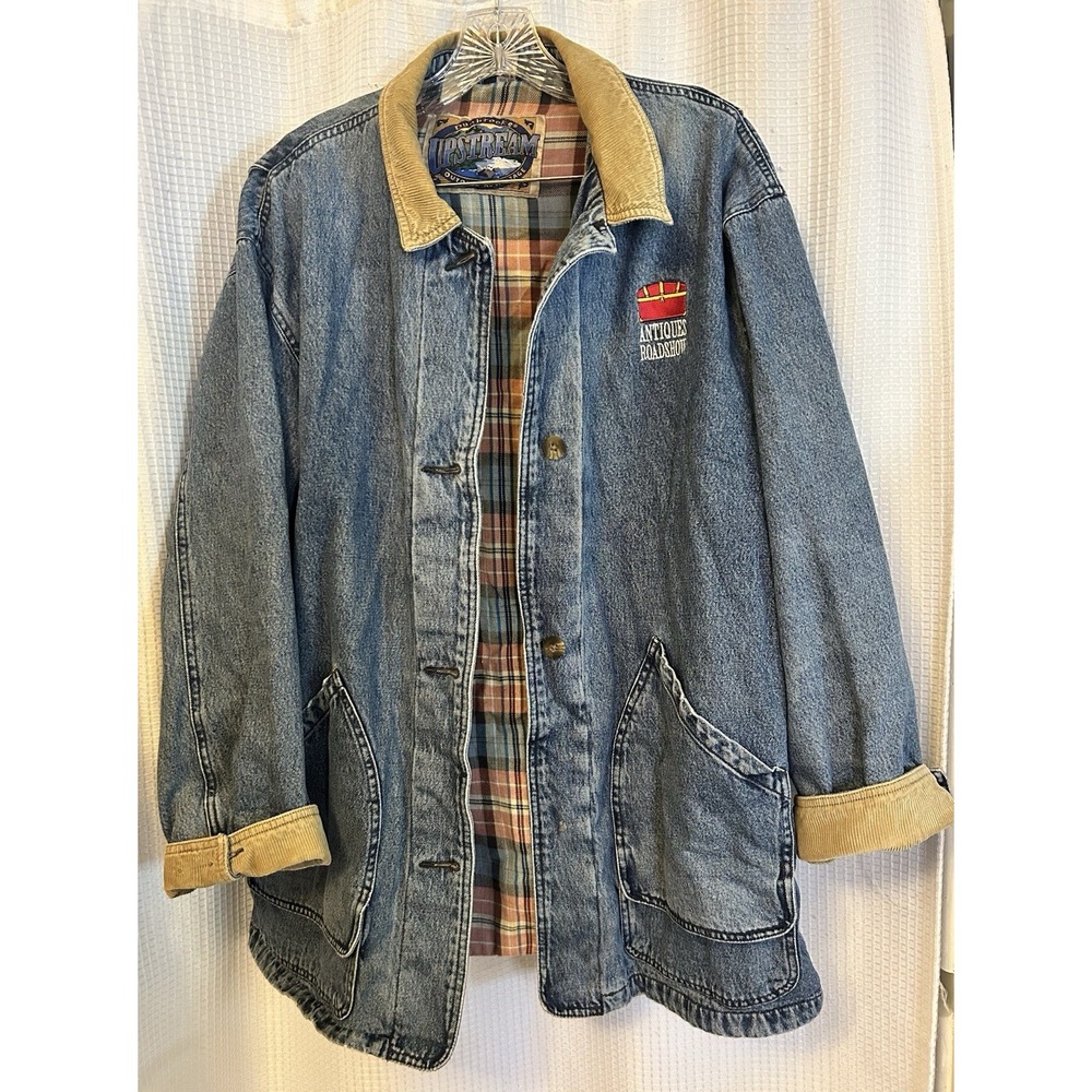 VTG Y2K 90s Denim Coat Antiques Roadshow Logo Womens L Grandma Cottagecore